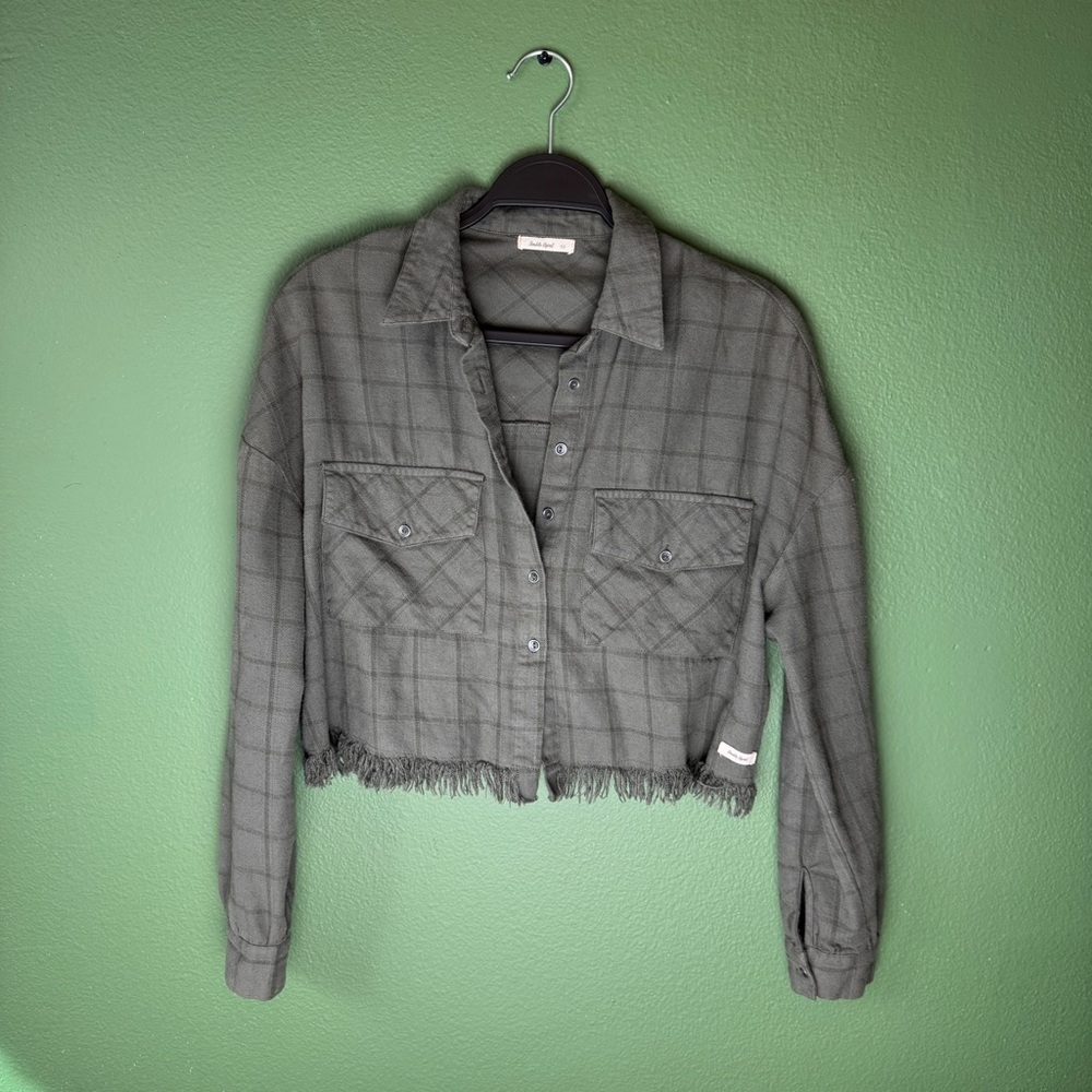 Double Agent Green Plaid Fringe Crop Flannel Top Size XS
